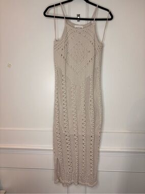 Olive + Oak Beige Crochet Midi Dress with Spaghetti Straps